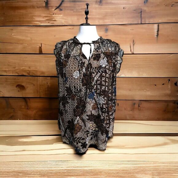 Maison d'Amelie Floral Tank Brown Blue Ruffled Tie Neck Top Lined Size Medium - Picture 1 of 3